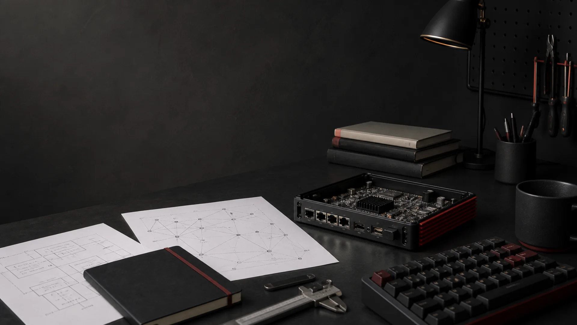 Cybersecurity research workbench with network diagrams, reference books, and network hardware
